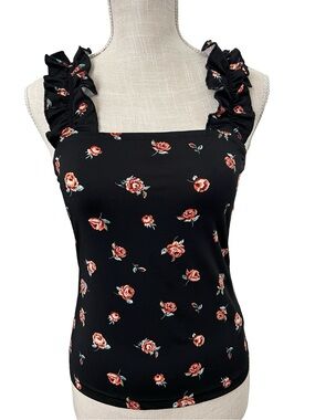 SHEIN Black Floral Ruffle Strap Camisole